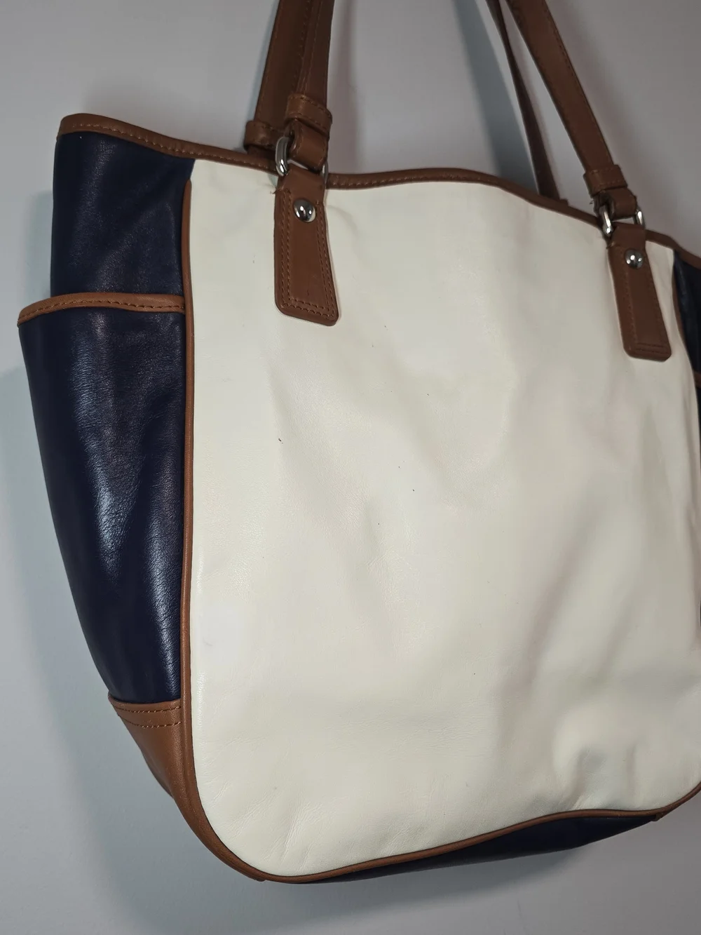 Coach Cream and Navy Tote with Brown Trim